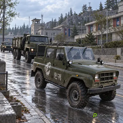 Illustration of military utility vehicles and a cargo truck in Hajin