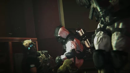 Hazmat-suited figure beside an injured person in MW4 DMZ