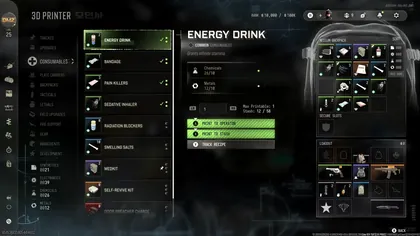 Energy Drink recipe in the 3D Printer with Print to Operator, Print to Stash and Track Recipe controls in MW4 DMZ