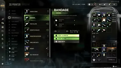 Bandage recipe in the 3D Printer with Print to Operator and Print to Stash controls in MW4 DMZ