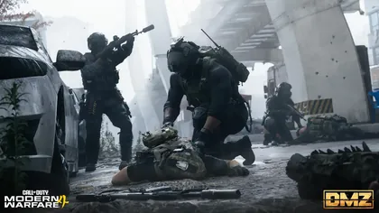 Operator assisting a fallen teammate in a combat scene in MW4 DMZ