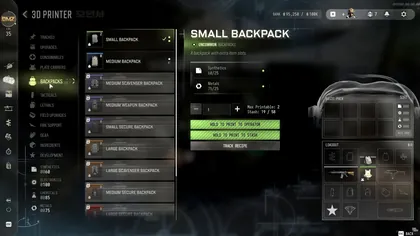 Small Backpack selected in the 3D Printer with backpack variants, ingredient totals and print controls in MW4 DMZ