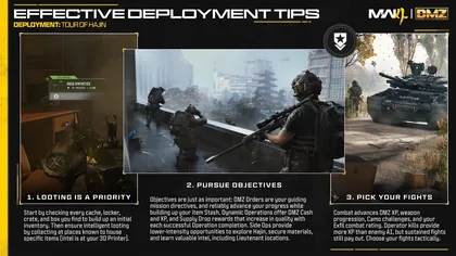 Deployment tips explaining looting, objectives and choosing fights in MW4 DMZ