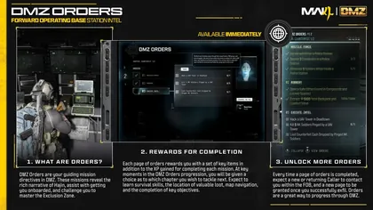 Official DMZ Orders guide showing the Counterfeit page 2 Recon Drone Recipe reward.