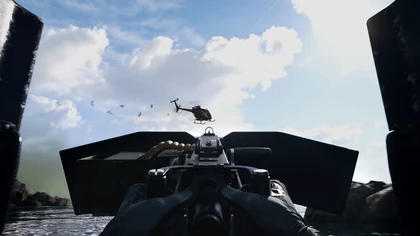 Boat-mounted gun aimed toward a helicopter in MW4 DMZ.