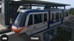 Blue, white and orange monorail at a platform in MW4 DMZ.
