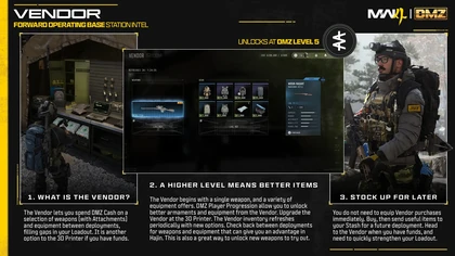 Vendor guide showing the physical station, weapon and supply stock, and selected Mosin-Nagant in MW4 DMZ