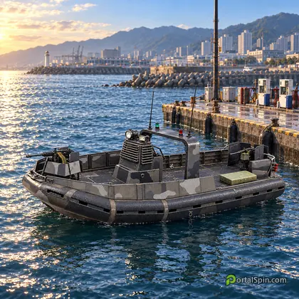 Gray camouflaged Armored Patrol Boat with shielded gun mounts beside a harbor fuel jetty.