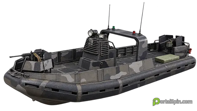 Armored Patrol Boat showing its gray camouflaged hull, slatted helm, antennas and shielded gun positions.