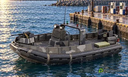 Armored Patrol Boat with two shielded gun mounts, a slatted helm and gray camouflage at a harbor jetty.
