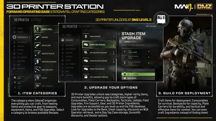 3D Printer categories and selected Stash Item Upgrade panel in MW4 DMZ