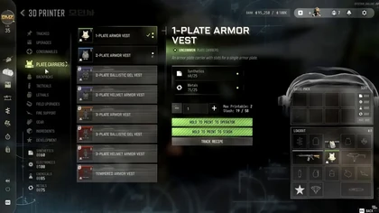 MW4 DMZ 1-Plate Armor Vest selected in the 3D Printer with plate carrier variants and 25 Synthetics and 25 Metals recipe